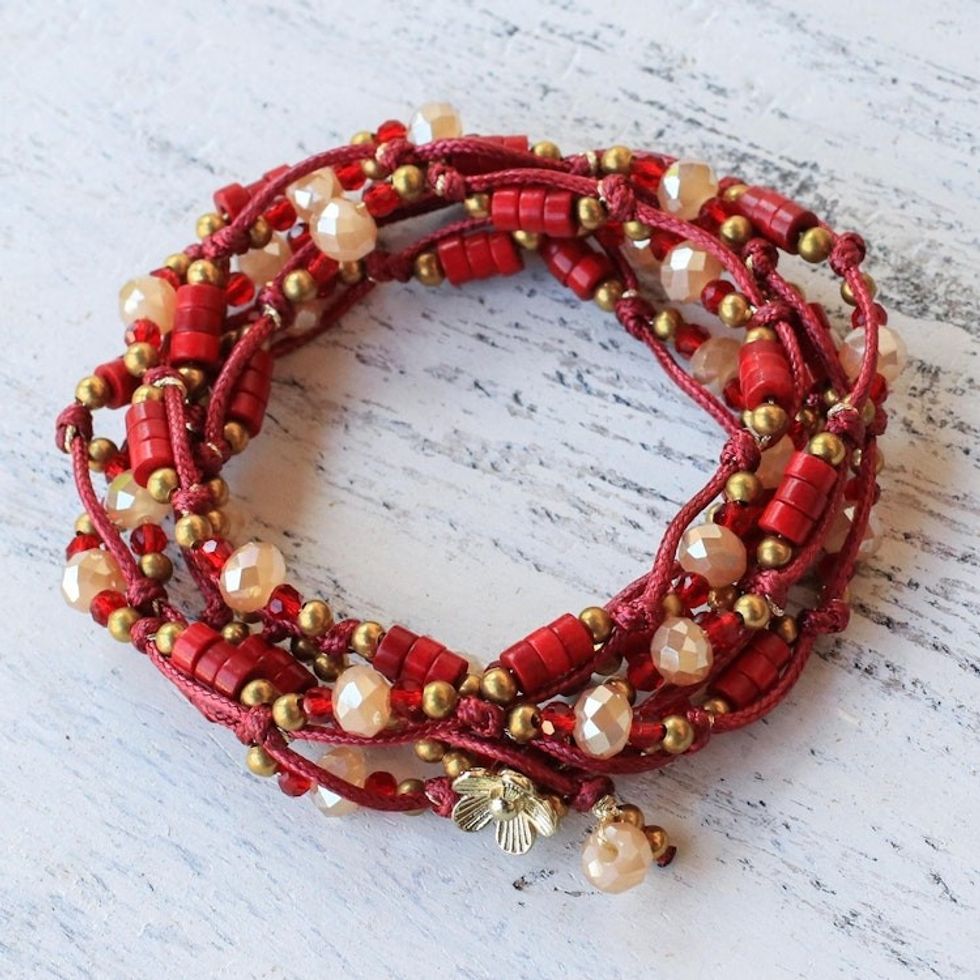 Calcite and Glass Beaded Wrap Bracelet in Red from Thailand 'Passionate Party'