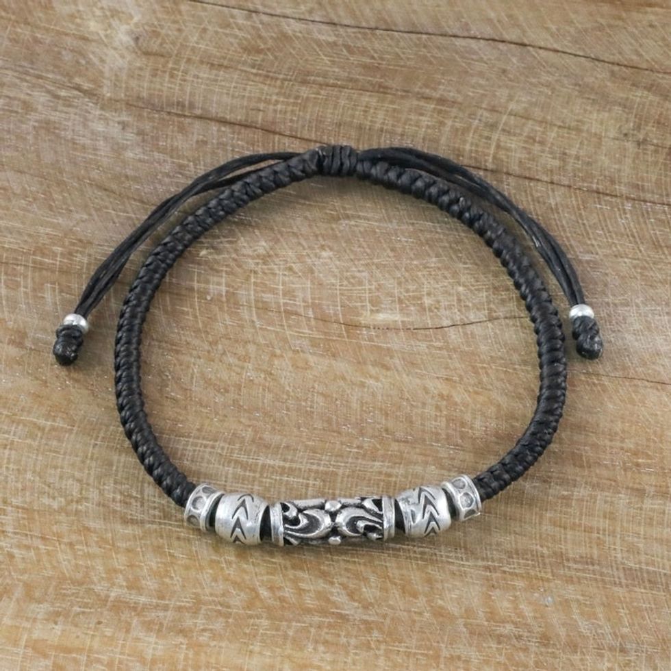 Thai Artisan Crafted Silver Beaded Ebony Cord Bracelet 'Ancient Spirit'