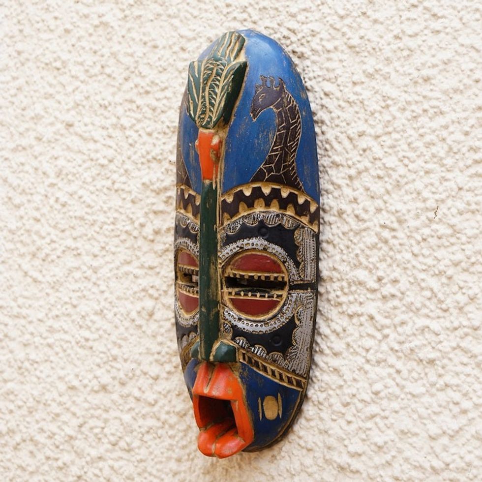 Giraffes and Bird on African Wall Mask Hand Carved Wood Art 'Giraffe Art'