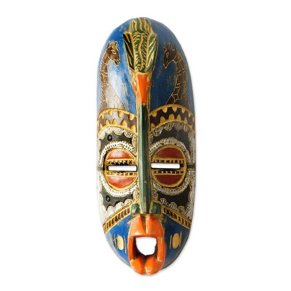 Alternate image for Giraffes and Bird on African Wall Mask Hand Carved Wood Art Giraffe Art