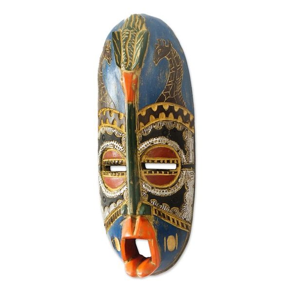Alternate image for Giraffes and Bird on African Wall Mask Hand Carved Wood Art Giraffe Art