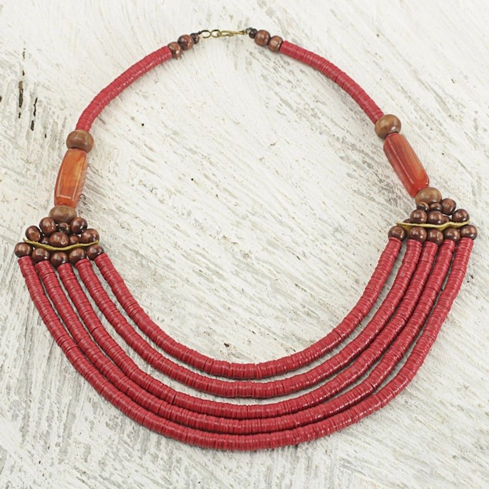 Artisan Red Bead Necklace with Sese Wood Agate and Leather 'Wend Panga in Red'