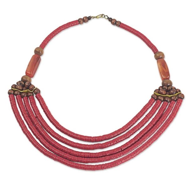 Alternate image for Artisan Red Bead Necklace with Sese Wood Agate and Leather Wend Panga in Red