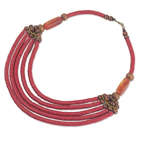 Alternate image for Artisan Red Bead Necklace with Sese Wood Agate and Leather Wend Panga in Red