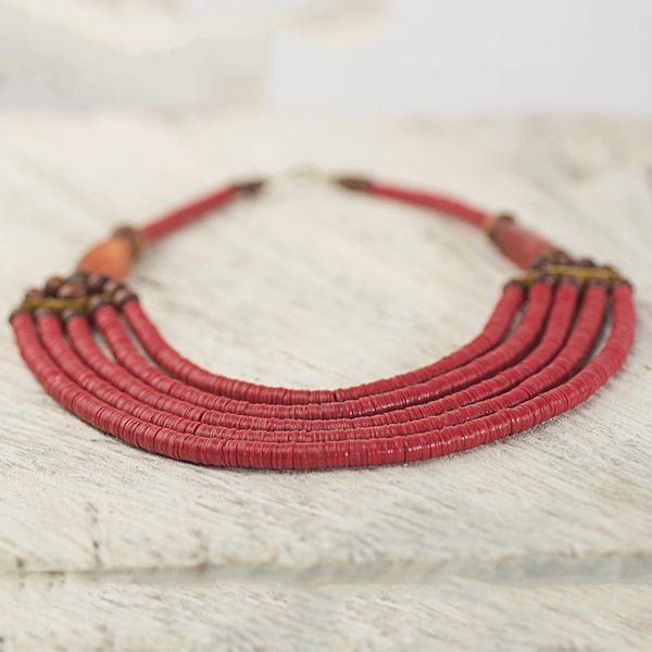 Alternate image for Artisan Red Bead Necklace with Sese Wood Agate and Leather Wend Panga in Red