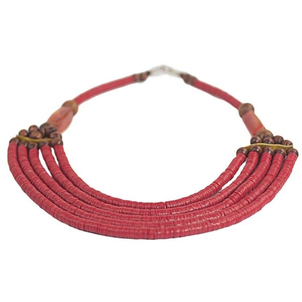 Alternate image for Artisan Red Bead Necklace with Sese Wood Agate and Leather Wend Panga in Red