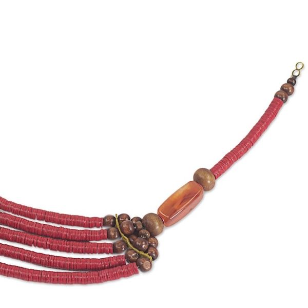Alternate image for Artisan Red Bead Necklace with Sese Wood Agate and Leather Wend Panga in Red