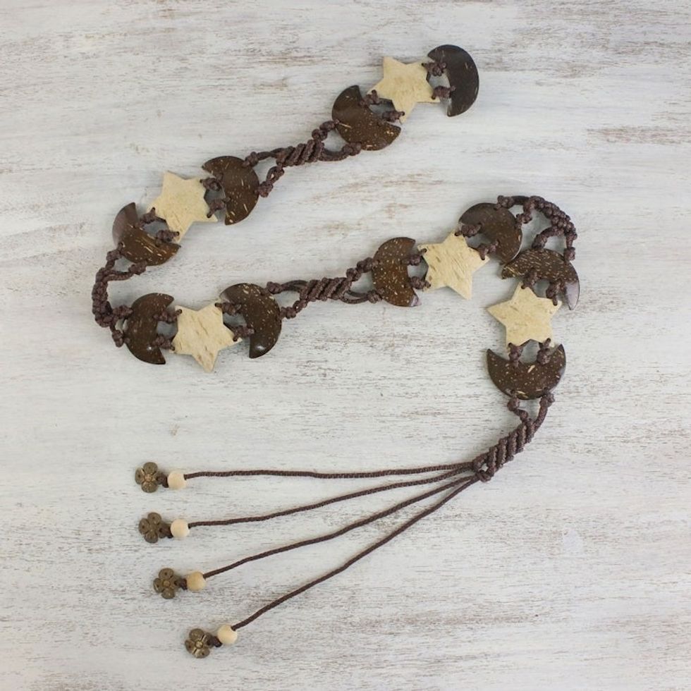 Stars and Half Moons Coconut Shell and Nylon Cord Tie Belt 'Moonlit Stars'
