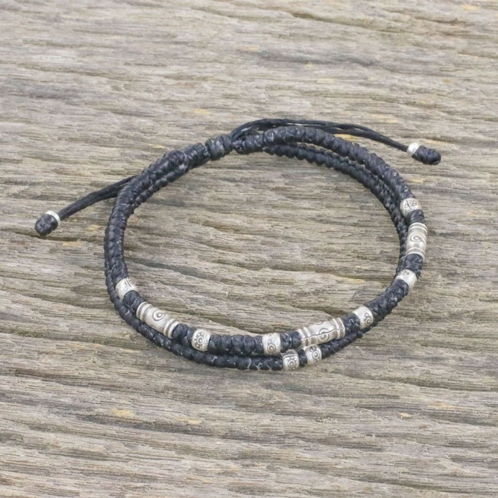 Thai Hill Tribe Style Unisex Silver Beaded Cord Bracelet 'Double Luck in Black'