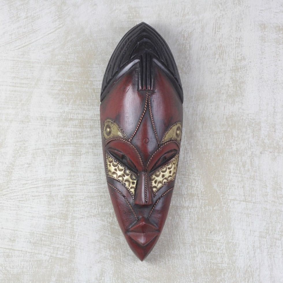 Wood and Brass Wall Mask Hand Carved in Ghana 'Zodwa'