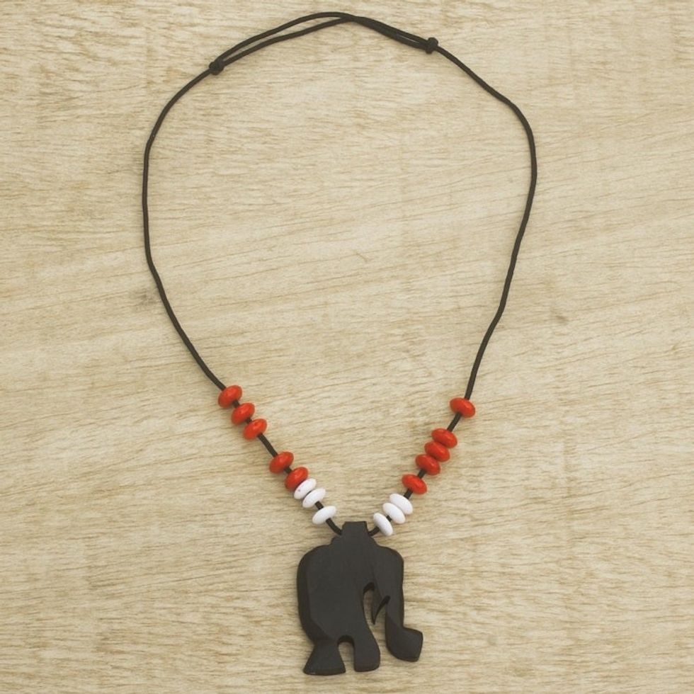 Ebony Wood Elephant Beaded Pendant Necklace from Ghana 'Rustic Elephant'