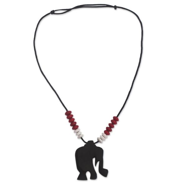 Alternate image for Ebony Wood Elephant Beaded Pendant Necklace from Ghana Rustic Elephant