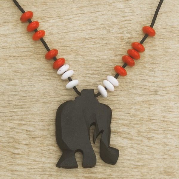Alternate image for Ebony Wood Elephant Beaded Pendant Necklace from Ghana Rustic Elephant