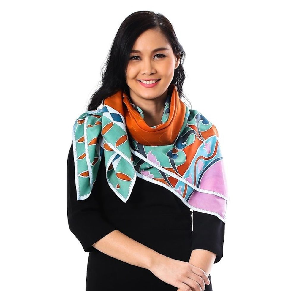 Multicolored Floral Scarf in Cotton Batik from Thailand 'Springtime Garden'