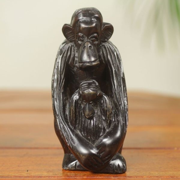 Alternate image for African Hand Carved Ebony Chimpanzee Motherhood Sculpture Mother Chimp