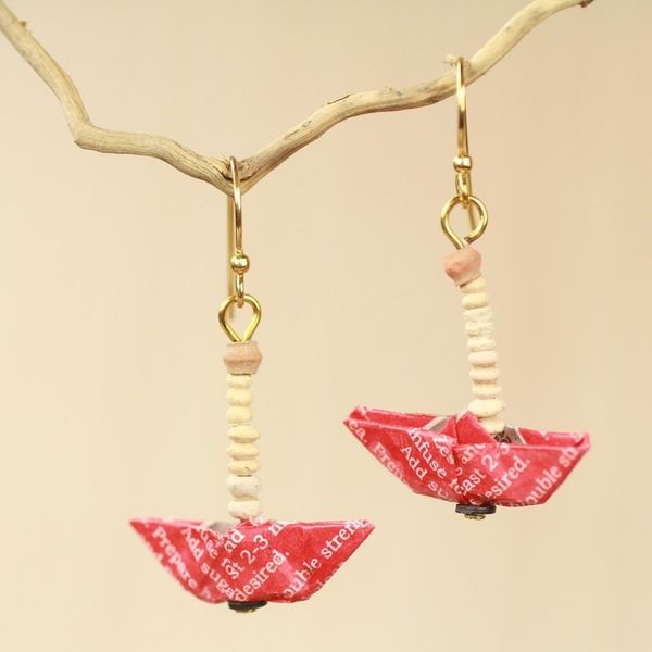 Alternate image for Recycled Paper Red Sailboat Earrings Crafted by Hand Red Boats