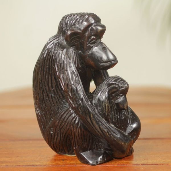 Alternate image for African Hand Carved Ebony Chimpanzee Motherhood Sculpture Mother Chimp