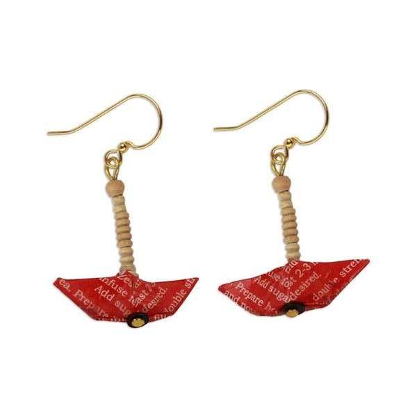 Alternate image for Recycled Paper Red Sailboat Earrings Crafted by Hand Red Boats