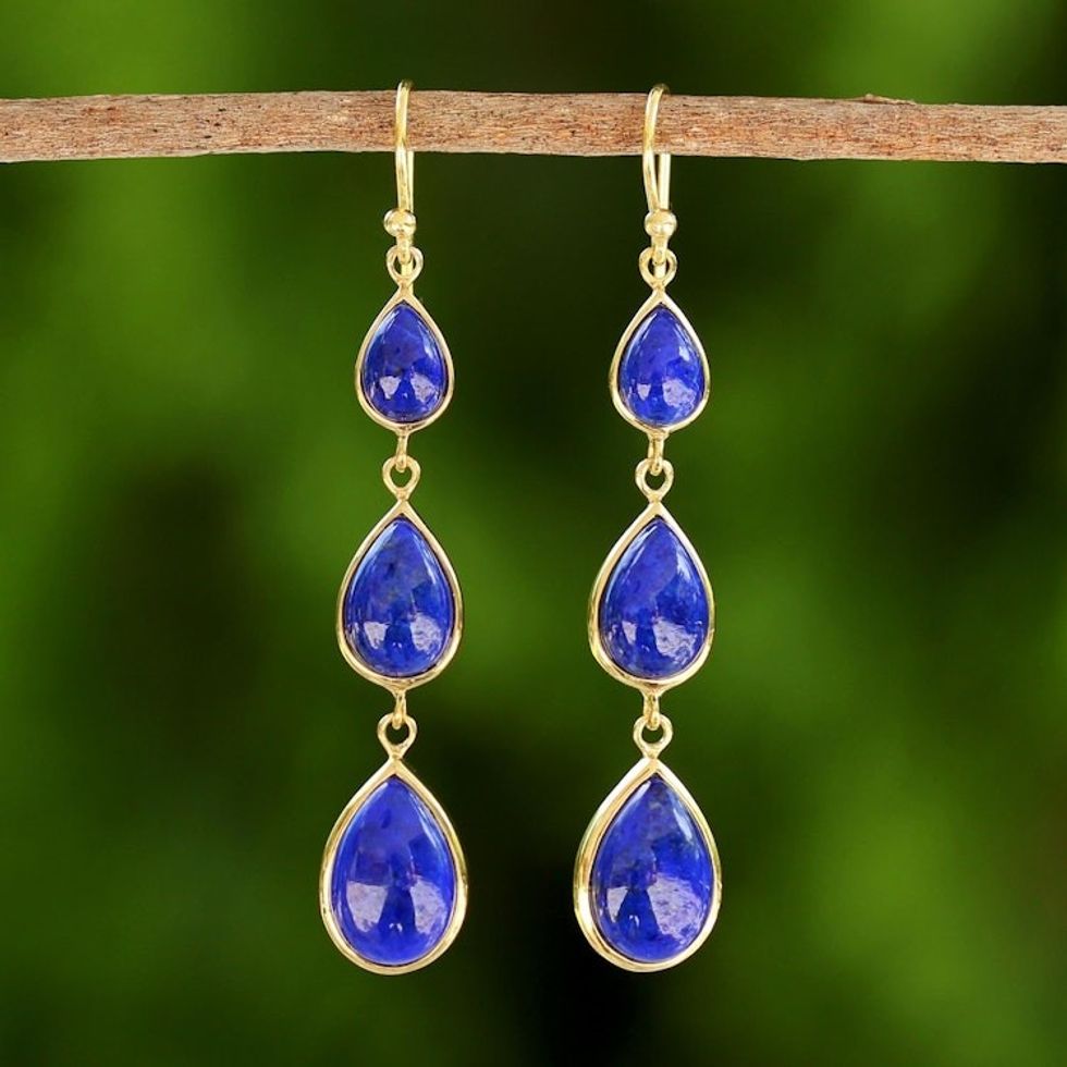 Gold Plated Thai Lapis Lazuli Teardrop Dangle Earrings 'Nectar Drops'