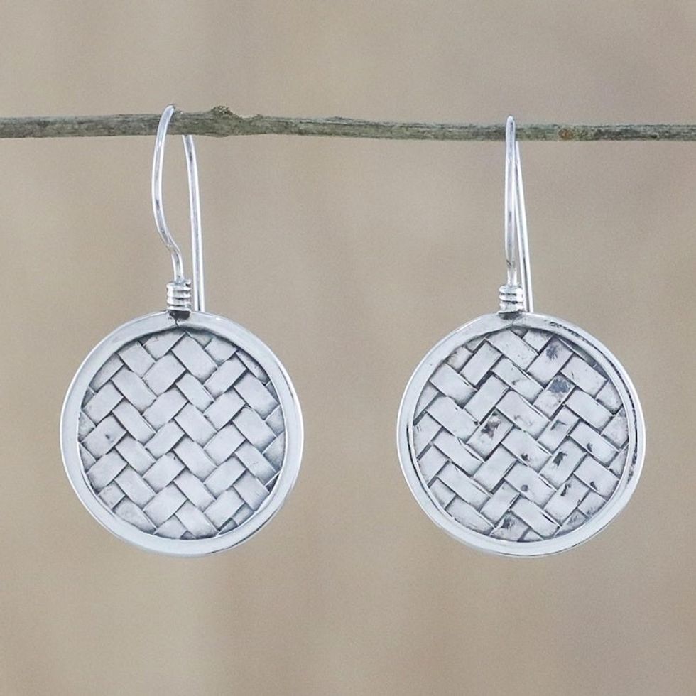 Sterling Silver Circle Weave Dangle Earrings from Thailand 'Woven Circle'