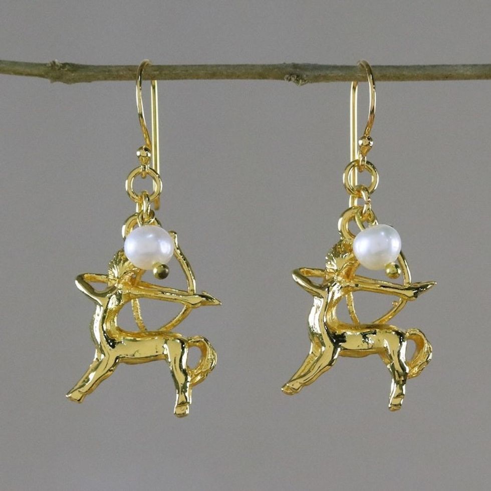 Gold Plated Pearl Sagittarius Earrings from Thailand 'Radiant Sagittarius'