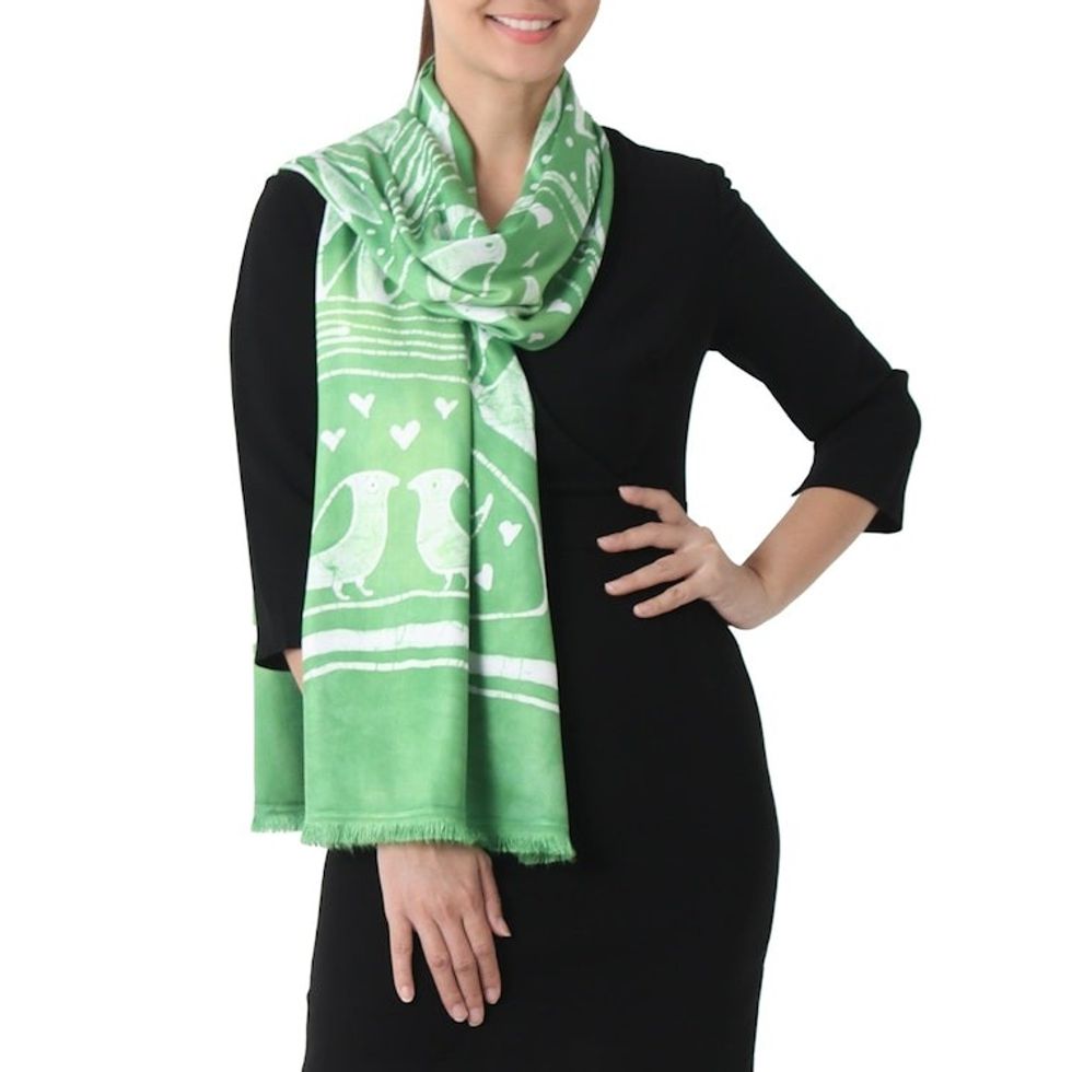 Batik Painted Bird Rayon Scarf in Lime from Thailand 'Bird Home in Lime'