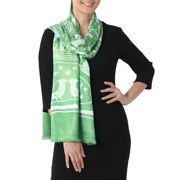 Alternate image for Batik Painted Bird Rayon Scarf in Lime from Thailand Bird Home in Lime