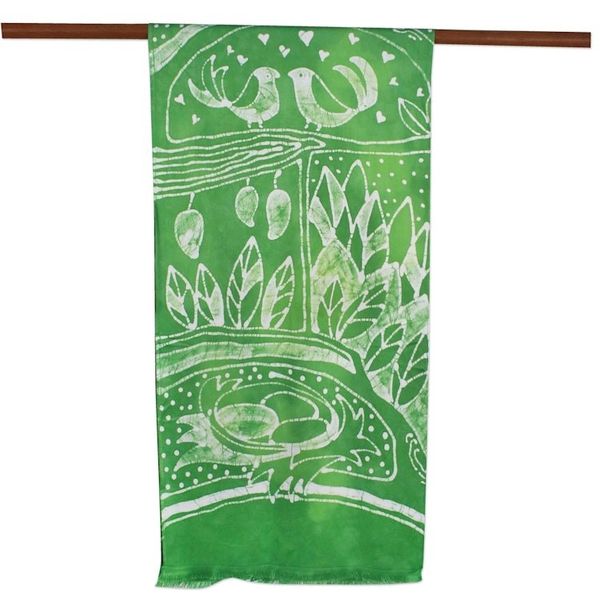 Alternate image for Batik Painted Bird Rayon Scarf in Lime from Thailand Bird Home in Lime
