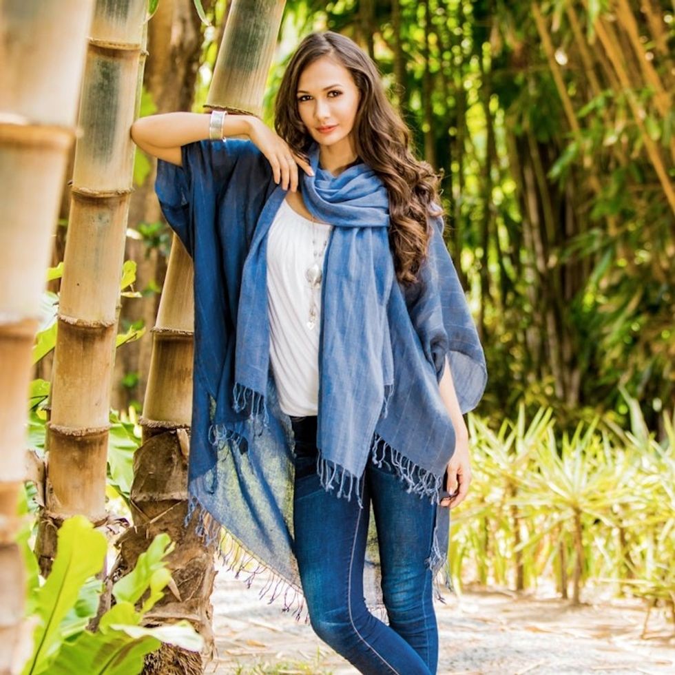 Midnight Blue Cotton Thai Jacket with Light Blue Scarf Set 'Midnight Blue Mystique'