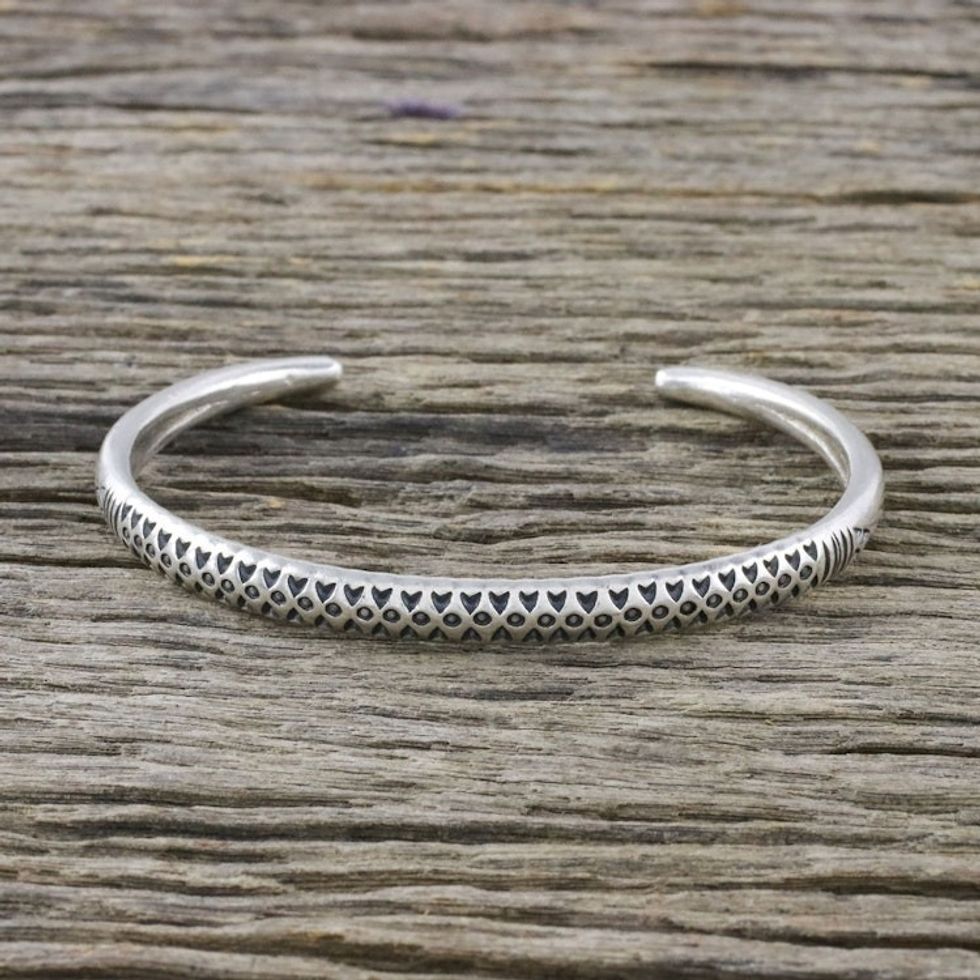 Handmade Sterling Silver Thai Hill Tribe Cuff Bracelet 'Hill Tribe Signature'
