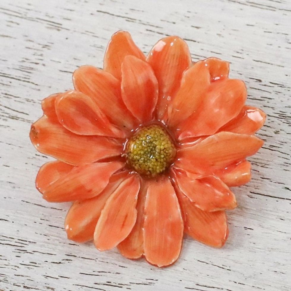Natural Aster Flower Brooch in Tangerine from Thailand 'Let It Bloom in Tangerine'