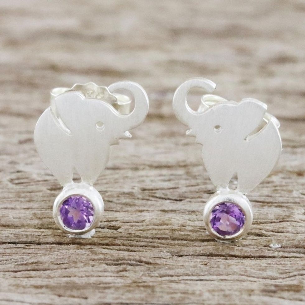 Thai Sterling Silver and Amethyst Elephant Button Earrings 'An Elephant's World'