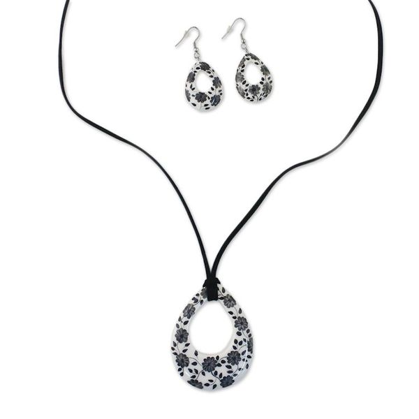 Alternate image for Ceramic White Floral Pendant Necklace Dangle Earrings Set Blossoming Vines