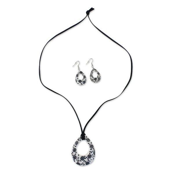 Alternate image for Ceramic White Floral Pendant Necklace Dangle Earrings Set Blossoming Vines