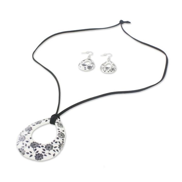 Alternate image for Ceramic White Floral Pendant Necklace Dangle Earrings Set Blossoming Vines