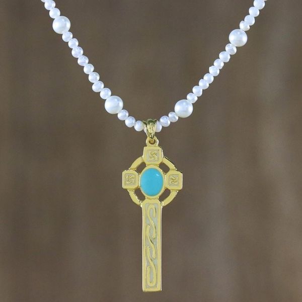 Alternate image for 22k Gold Plated Cultured Pearl Aqua Cross Necklace Faithful Soul in Aqua