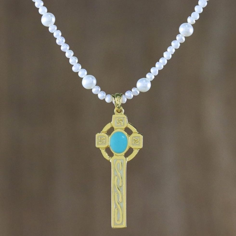 22k Gold Plated Cultured Pearl Aqua Cross Necklace 'Faithful Soul in Aqua'