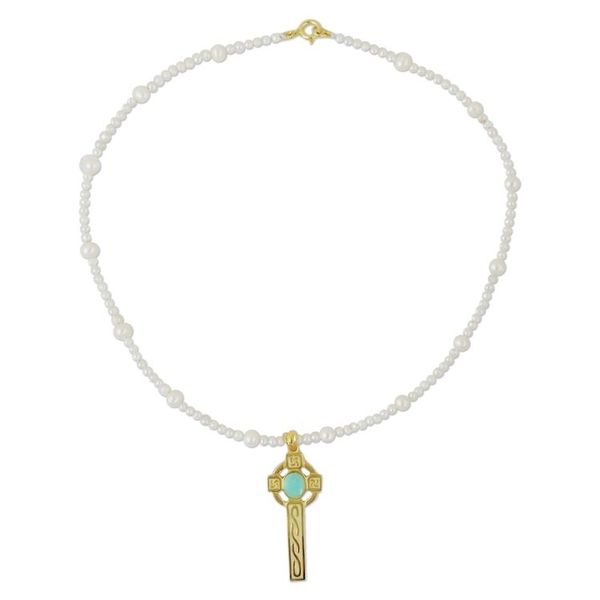 Alternate image for 22k Gold Plated Cultured Pearl Aqua Cross Necklace Faithful Soul in Aqua