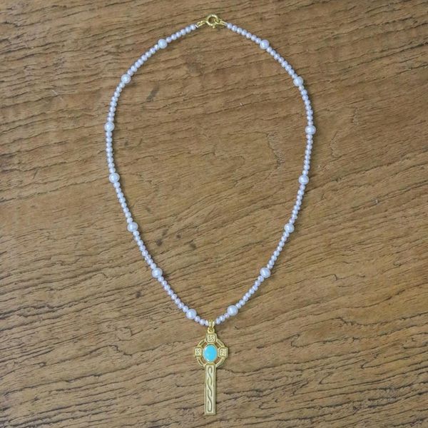 Alternate image for 22k Gold Plated Cultured Pearl Aqua Cross Necklace Faithful Soul in Aqua