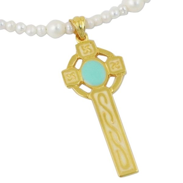 Alternate image for 22k Gold Plated Cultured Pearl Aqua Cross Necklace Faithful Soul in Aqua