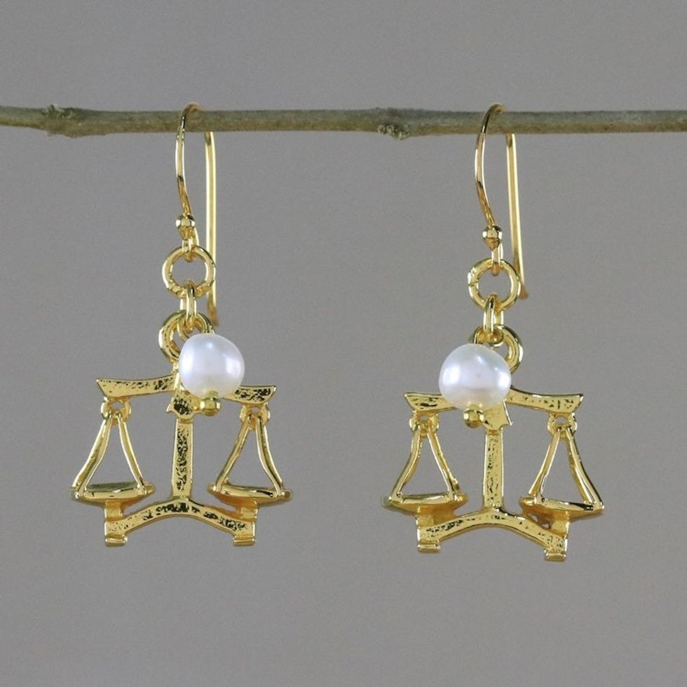 18k Gold Plated Cultured Pearl Libra Earrings from Thailand 'Radiant Libra'