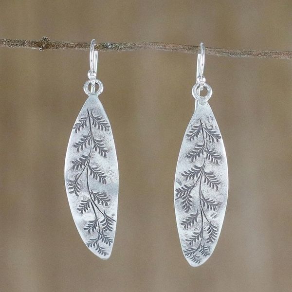 Alternate image for Leaf Motif Sterling Silver Dangle Earrings from Thailand Hanging Ferns