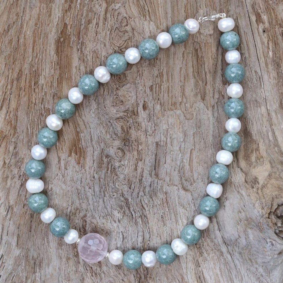 Thai Rose Quartz and Cultured Pearl Beaded Pendant Necklace 'Colorful Mix'