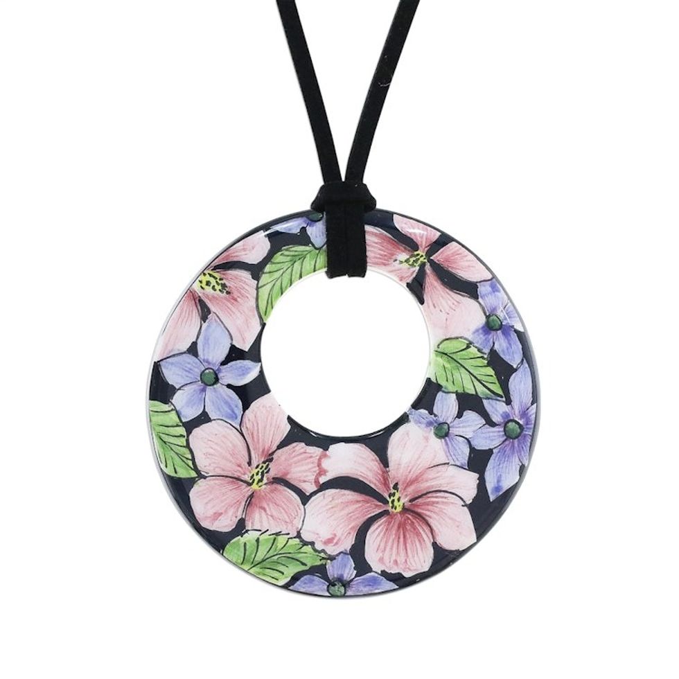 Ceramic Handmade Floral Painted Pendant Necklace 'Jepun Blooms'