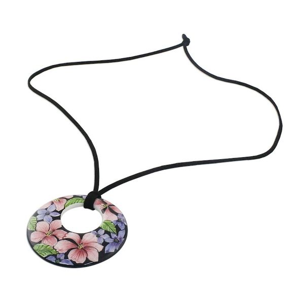 Alternate image for Ceramic Handmade Floral Painted Pendant Necklace Jepun Blooms