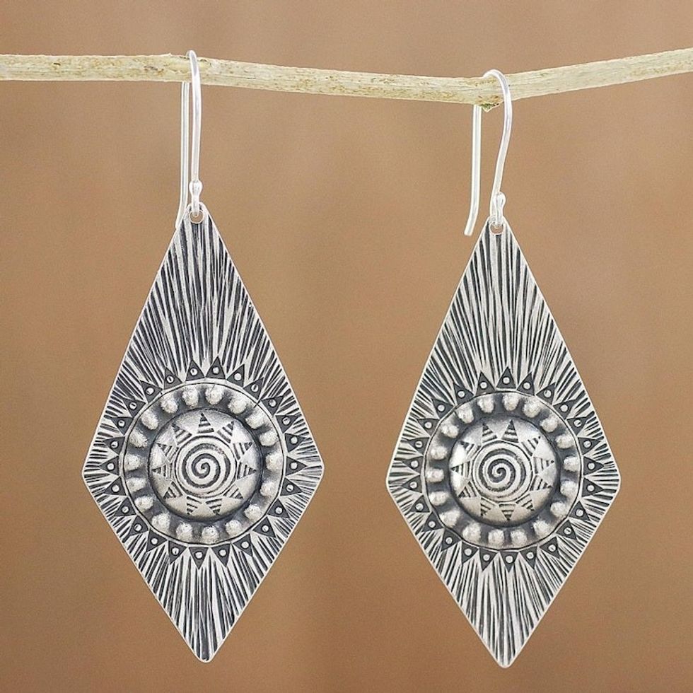 Karen Silver Dangle Earrings with Spiral Motifs 'Sunshine Diamonds'