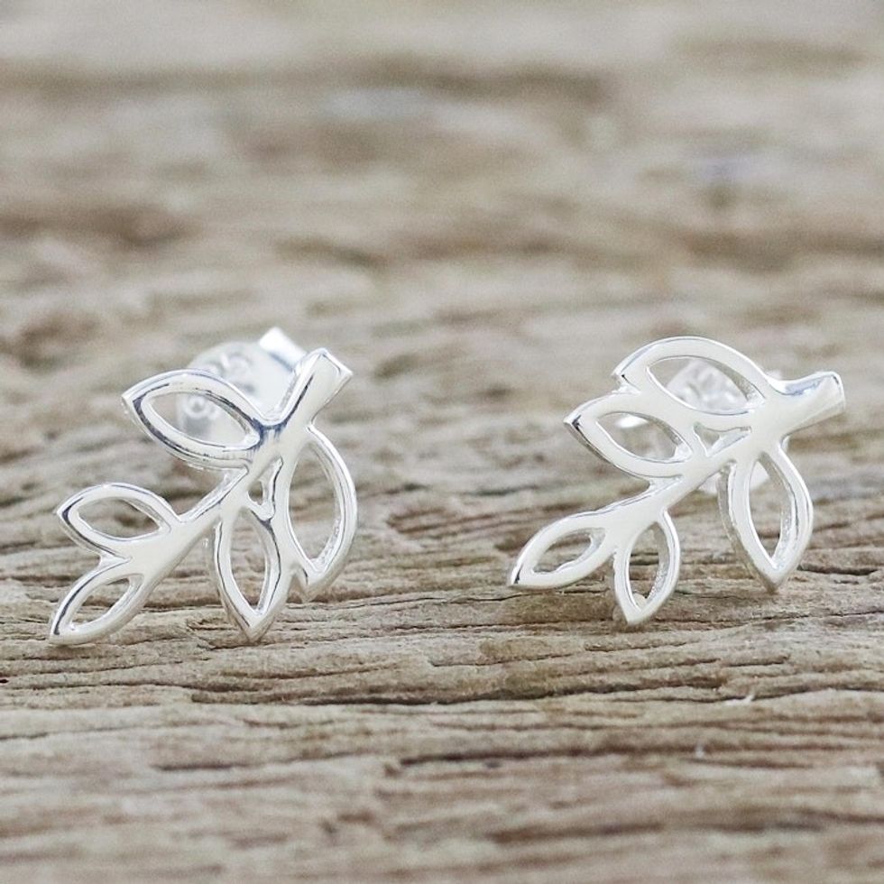 Handmade Sterling Silver Leaf Drop Earrings from Thailand 'Leaves of Spring'