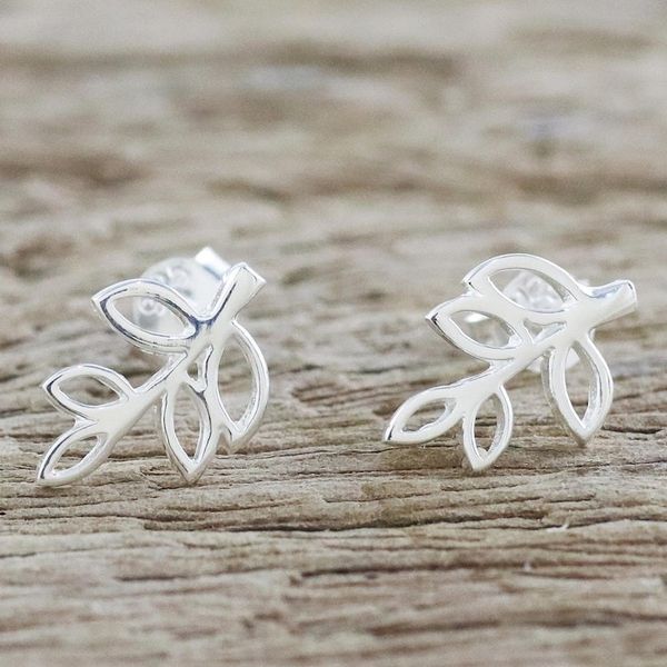 Alternate image for Handmade Sterling Silver Leaf Drop Earrings from Thailand Leaves of Spring