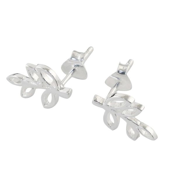 Alternate image for Handmade Sterling Silver Leaf Drop Earrings from Thailand Leaves of Spring