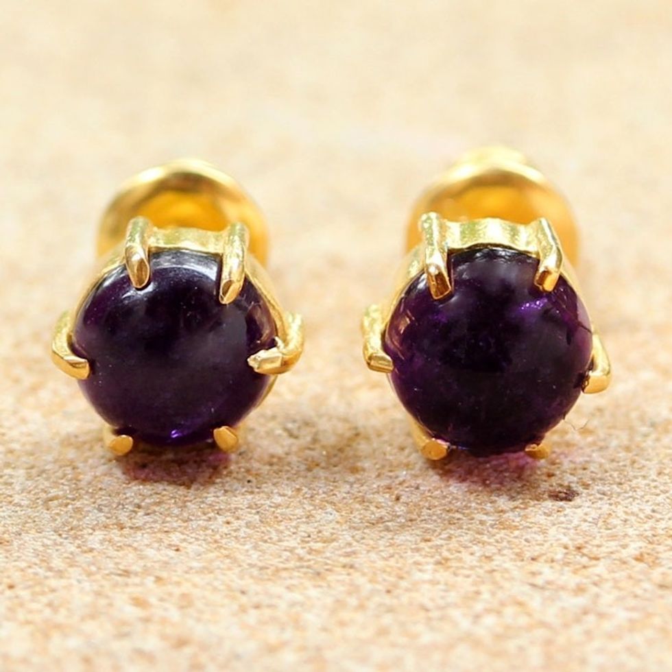 Gold Plated Amethyst Stud Earrings from Thailand 'Thai Buds'
